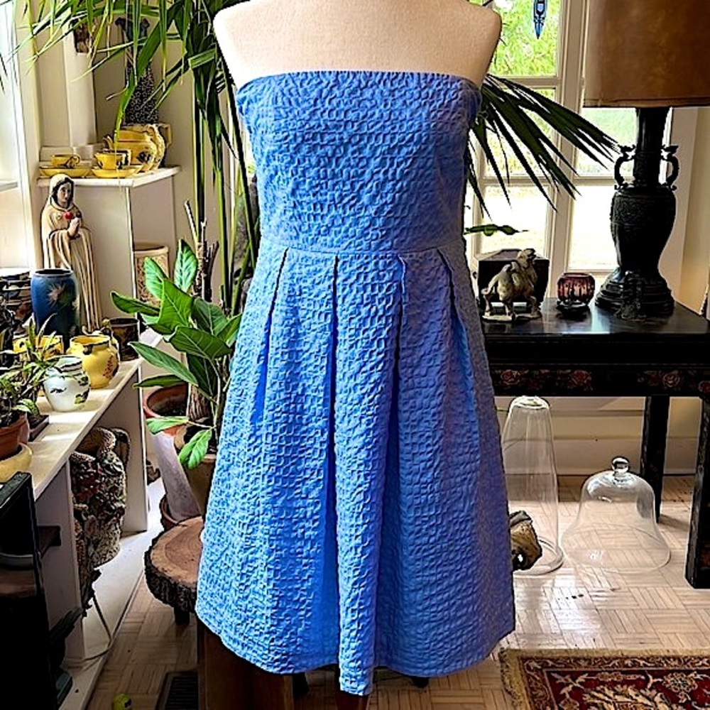 J Crew Periwinkle Blue Seersucker Strapless Dress 14